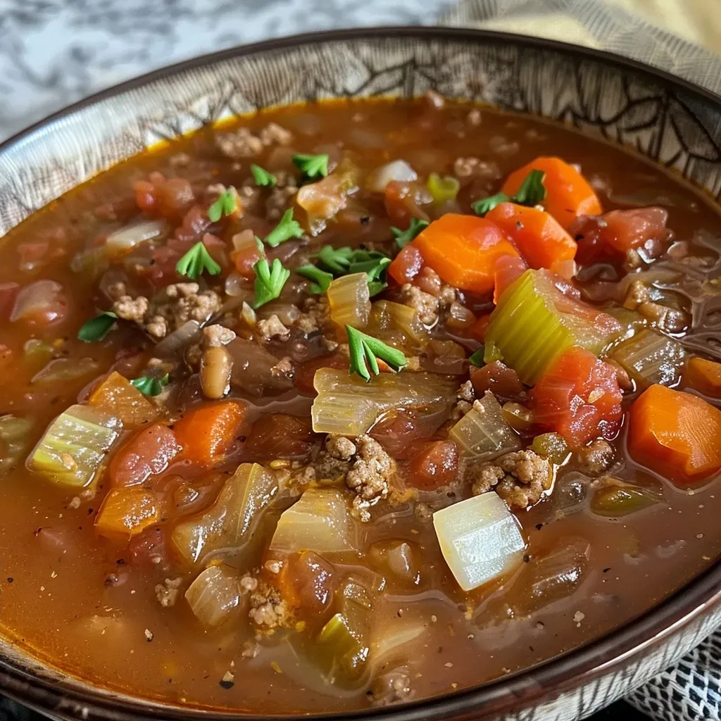 ['A close-up view of Instant Pot Cabbage Soup with ground beef, showing fresh vegetables and spices.', 'A side view of a bowl filled with hearty cabbage soup featuring ground beef and colorful veggies.', 'A vibrant, close-up image of cabbage soup made with ground beef, garnished with green herbs.', 'A detailed shot of steaming Instant Pot Cabbage Soup, highlighting diced tomatoes and chopped cabbage.']