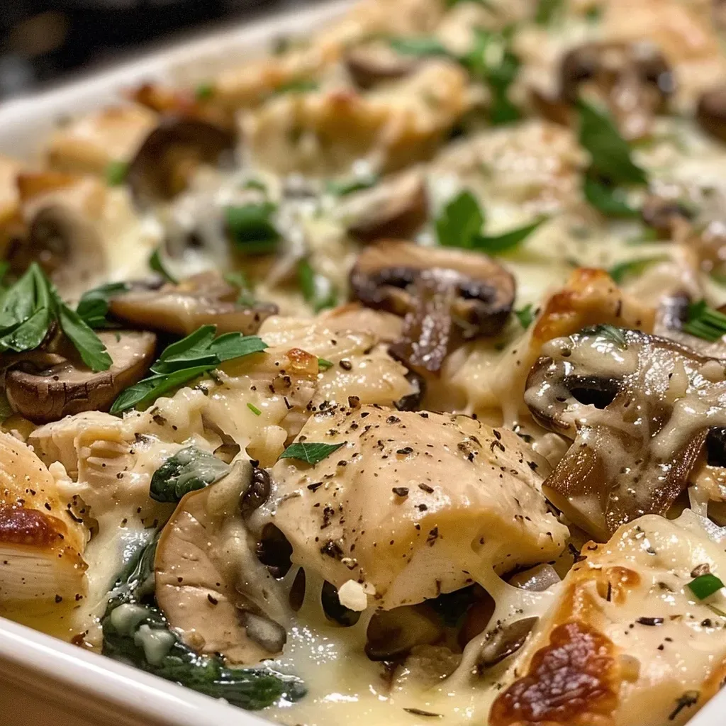 ['Close-up view of a creamy Keto Garlic Mushroom Chicken Casserole with melted cheese on top.', 'Side image of a hearty Keto Garlic Mushroom Chicken Casserole featuring mushrooms and chicken cubes.', 'Delicious Keto Garlic Mushroom Chicken Casserole garnished with herbs and cheese, served in a baking dish.', 'Juicy casserole filled with chicken, mushrooms, and creamy sauce, highlighting a golden melted cheese layer.']