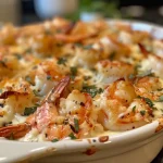 ['Close-up shot of a creamy Keto Shrimp & Cheese Casserole with melted cheese on top.', 'Side view of a bubbling Keto Shrimp & Cheese Casserole, showcasing shrimp and cheese layers.', 'Delicious Keto Shrimp & Cheese Casserole served in a dish, highlighted by a cheesy texture and shrimp pieces.', 'Juicy Keto Shrimp & Cheese Casserole, featuring a vibrant blend of shrimp and cheese on a plate.']