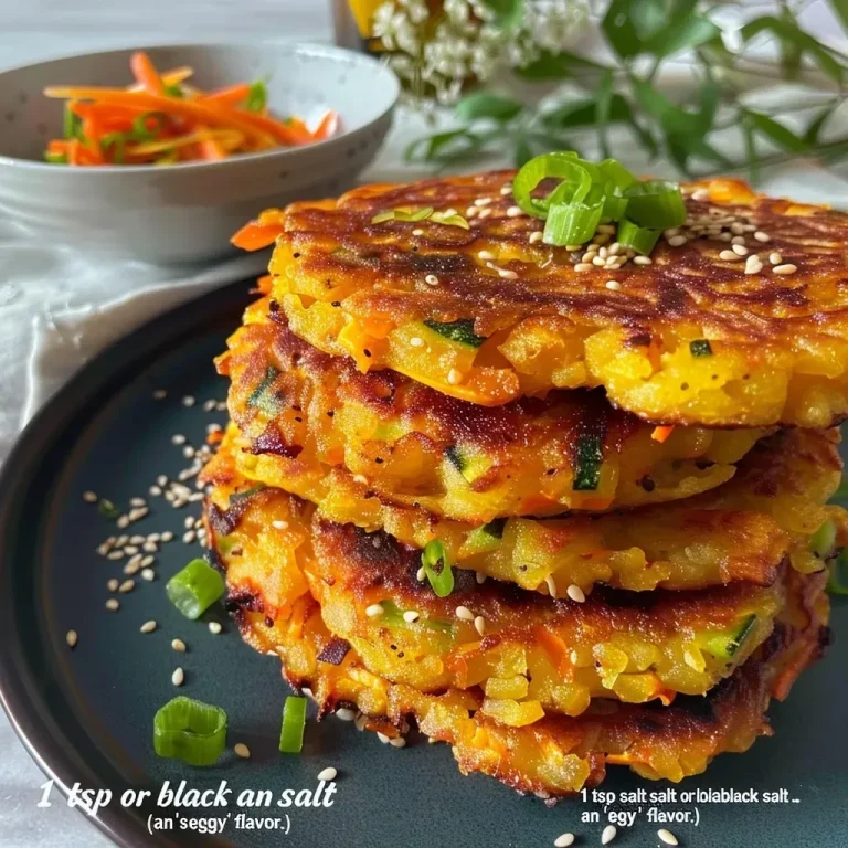 ['Crispy Korean vegetable pancakes stacked on a plate, showcasing a golden-brown exterior and colorful vegetable filling.', 'A close-up of a delicious Korean vegetable pancake, highlighting the crunchy texture and vibrant vegetables inside.', 'Side view of a plate of Korean vegetable pancakes, emphasizing their crispy edges and fresh ingredients.', 'A serving of vegan Korean vegetable pancakes, beautifully garnished with sesame seeds and served with dipping sauce.']
