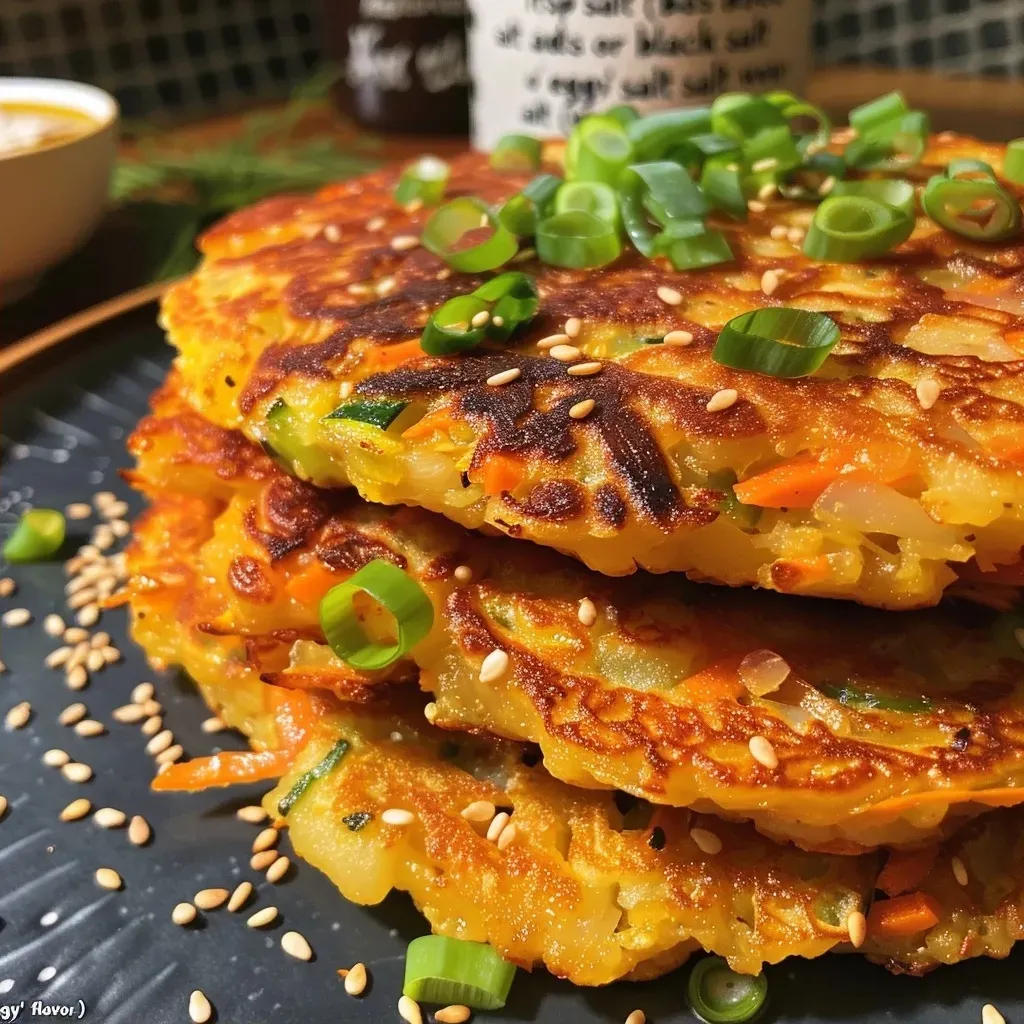 Crispy Korean vegetable pancakes stacked on a plate, showcasing a golden-brown exterior and colorful vegetable filling.