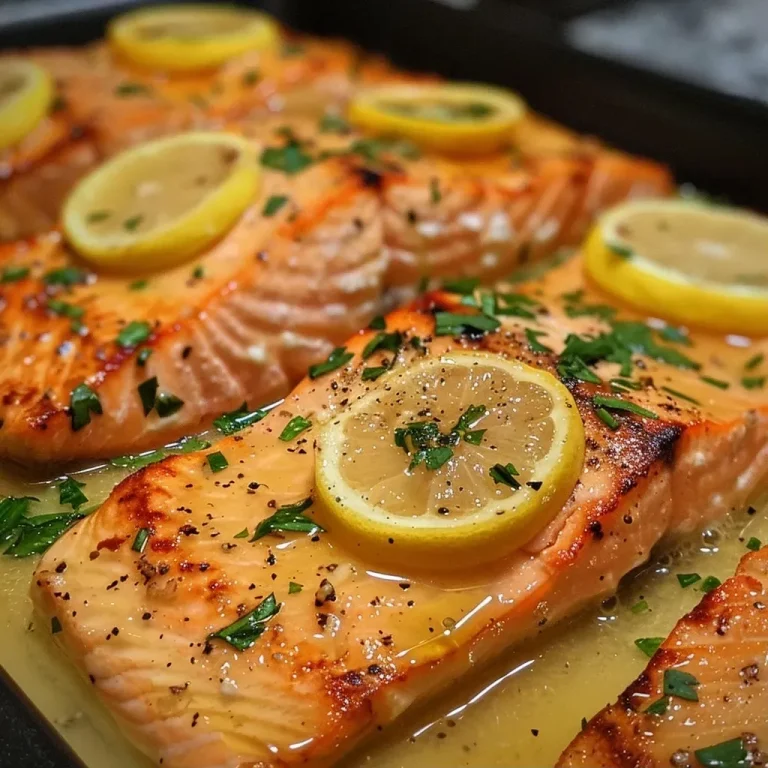 ['A close-up view of Lemon Butter Salmon fillet with lemon slices on the side.', 'Side view of juicy Lemon Butter Salmon topped with fresh parsley and lemon slices.', 'Close-up shot of a succulent salmon fillet in a creamy lemon butter sauce.', 'Delicious Lemon Butter Salmon garnished with lemon wedges and herbs.']