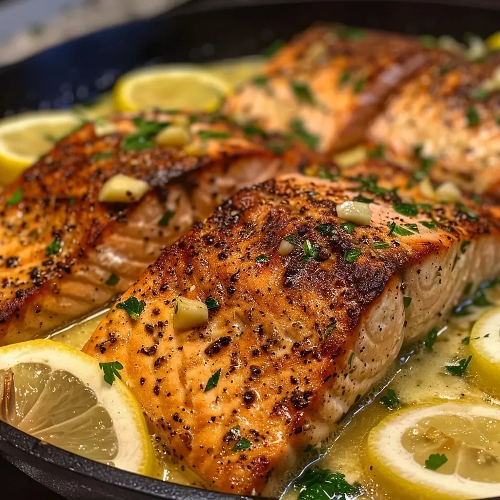 ['A close-up view of Lemon Butter Salmon fillet with lemon slices on the side.', 'Side view of juicy Lemon Butter Salmon topped with fresh parsley and lemon slices.', 'Close-up shot of a succulent salmon fillet in a creamy lemon butter sauce.', 'Delicious Lemon Butter Salmon garnished with lemon wedges and herbs.']