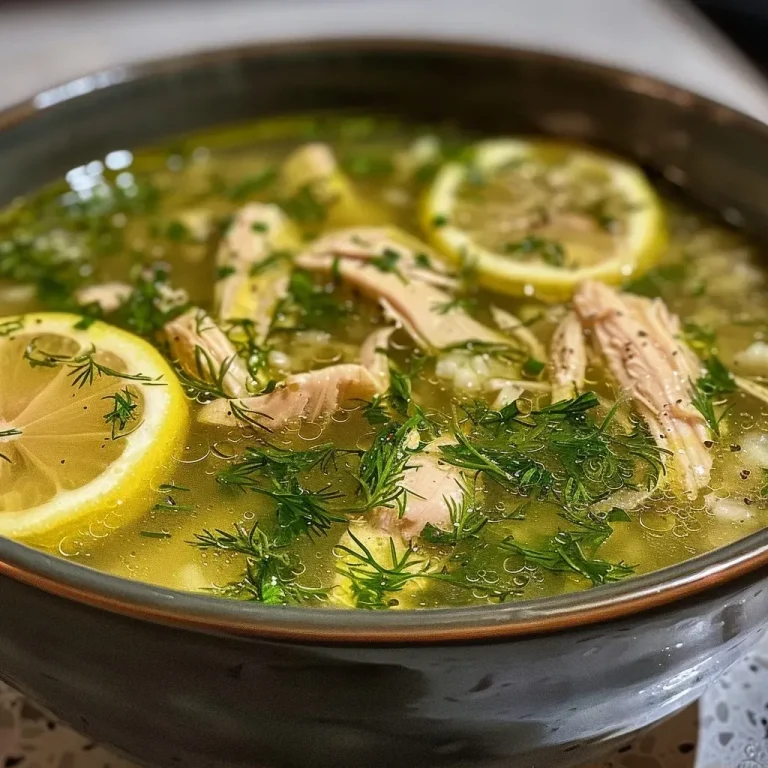 ['A close-up view of a bowl of Lemon Dill Chicken Soup with cooked rice and herbs.', 'Juicy Lemon Dill Chicken Soup with shredded chicken and a sprinkle of fresh dill in a white bowl.', 'Side view of a steaming bowl of chicken soup showcasing lemon slices and garnished dill.', 'Rich Lemon Dill Chicken Soup presented in a rustic setting, highlighting the vibrant yellow hue.']