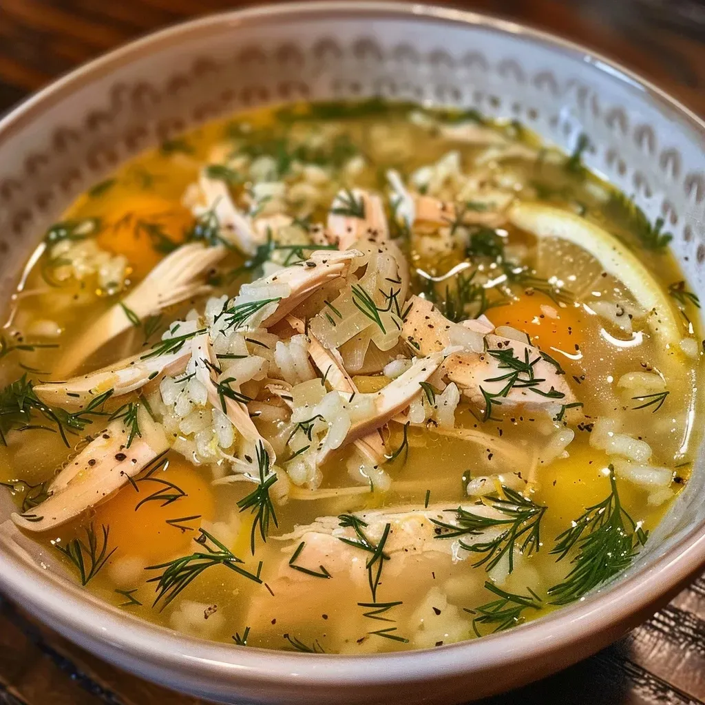 ['A close-up view of a bowl of Lemon Dill Chicken Soup with cooked rice and herbs.', 'Juicy Lemon Dill Chicken Soup with shredded chicken and a sprinkle of fresh dill in a white bowl.', 'Side view of a steaming bowl of chicken soup showcasing lemon slices and garnished dill.', 'Rich Lemon Dill Chicken Soup presented in a rustic setting, highlighting the vibrant yellow hue.']