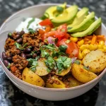 ['Close-up view of a loaded potato taco bowl topped with avocado, cheese, and fresh cilantro.', 'Side angle of a delicious taco bowl filled with diced potatoes, ground beef, and colorful toppings.', 'Juicy loaded potato taco bowl showcasing vibrant ingredients like cherry tomatoes and sour cream.', 'Detailed side view of a hearty taco bowl, highlighting the layers of potatoes, beans, and cheese.']