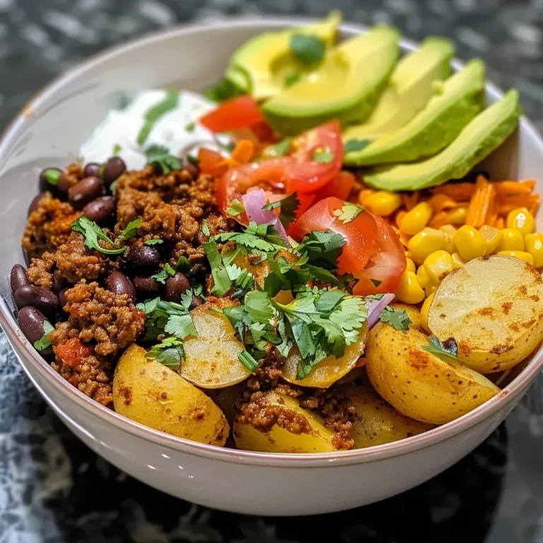 ['Close-up view of a loaded potato taco bowl topped with avocado, cheese, and fresh cilantro.', 'Side angle of a delicious taco bowl filled with diced potatoes, ground beef, and colorful toppings.', 'Juicy loaded potato taco bowl showcasing vibrant ingredients like cherry tomatoes and sour cream.', 'Detailed side view of a hearty taco bowl, highlighting the layers of potatoes, beans, and cheese.']