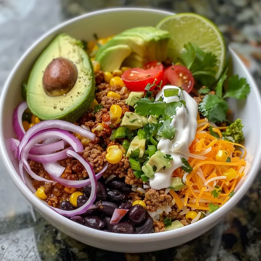 ['Close-up view of a loaded potato taco bowl topped with avocado, cheese, and fresh cilantro.', 'Side angle of a delicious taco bowl filled with diced potatoes, ground beef, and colorful toppings.', 'Juicy loaded potato taco bowl showcasing vibrant ingredients like cherry tomatoes and sour cream.', 'Detailed side view of a hearty taco bowl, highlighting the layers of potatoes, beans, and cheese.']