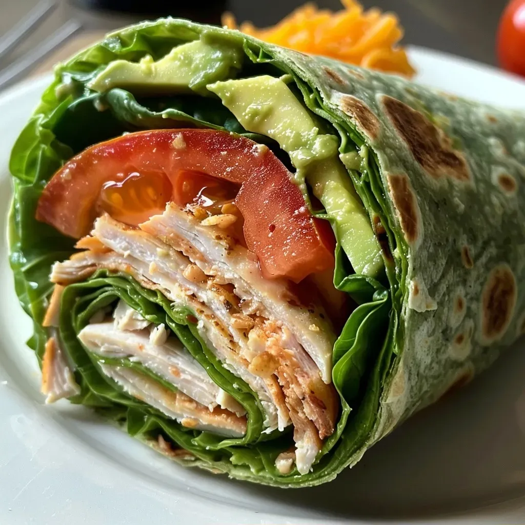 ['Close-up of a turkey spinach wrap filled with fresh ingredients.', 'Side view of a colorful turkey spinach wrap with slices of avocado and tomato.', 'Juicy turkey spinach wrap featuring lettuce and cheese, ready to eat.', 'A fresh turkey spinach wrap showing layers of turkey, veggies, and cheese.']