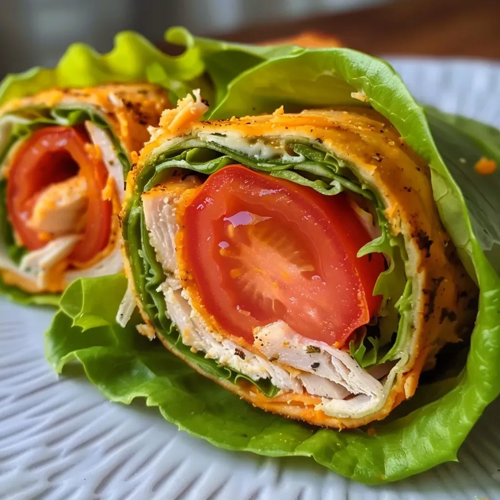 ['A side view of a juicy Low Carb Turkey Roll-Up featuring a tortilla wrap filled with turkey, cheese, and vegetables.', 'Close-up image of a turkey roll-up showcasing layers of roasted turkey, cheese, diced tomatoes, and lettuce in a tortilla.', 'Detailed view of a low carb wrap filled with turkey, cheese, and fresh vegetables, with the wrap neatly rolled up.', 'Side profile of a Low Carb Turkey Roll-Up emphasizing its fresh ingredients and vibrant colors.']