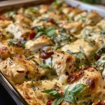 ['Close-up of a creamy Marry Me Chicken Casserole topped with fresh basil.', 'Side view of a golden-brown chicken casserole with sun-dried tomatoes and melted cheese.', 'Juicy chicken pieces in a rich cream sauce surrounded by colorful herbs.', 'A serving of Marry Me Chicken Casserole in a white baking dish, garnished with basil.']