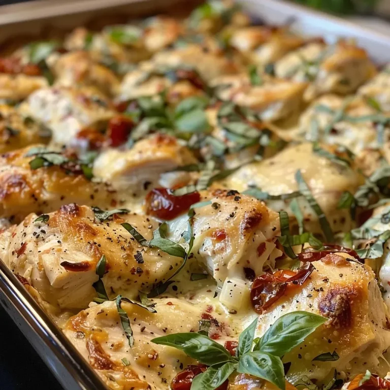 ['Close-up of a creamy Marry Me Chicken Casserole topped with fresh basil.', 'Side view of a golden-brown chicken casserole with sun-dried tomatoes and melted cheese.', 'Juicy chicken pieces in a rich cream sauce surrounded by colorful herbs.', 'A serving of Marry Me Chicken Casserole in a white baking dish, garnished with basil.']
