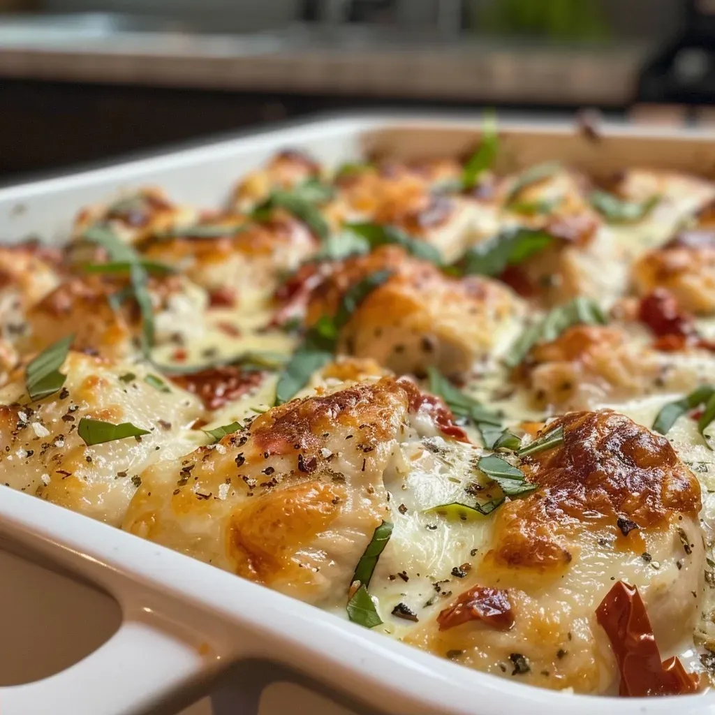 ['Close-up of a creamy Marry Me Chicken Casserole topped with fresh basil.', 'Side view of a golden-brown chicken casserole with sun-dried tomatoes and melted cheese.', 'Juicy chicken pieces in a rich cream sauce surrounded by colorful herbs.', 'A serving of Marry Me Chicken Casserole in a white baking dish, garnished with basil.']
