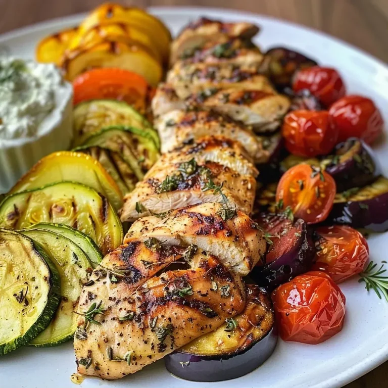 ['Close-up of Mediterranean grilled chicken and vegetables on a plate.', 'Colorful assortment of grilled chicken and vegetables served with yogurt sauce.', 'Juicy slices of chicken and vibrant vegetables on a rustic table.', 'A delicious Mediterranean grill platter featuring chicken, shrimp, and fresh veggies.']