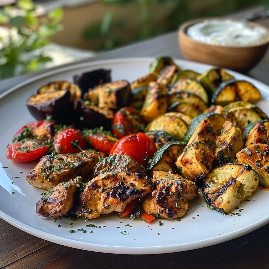 ['Close-up of Mediterranean grilled chicken and vegetables on a plate.', 'Colorful assortment of grilled chicken and vegetables served with yogurt sauce.', 'Juicy slices of chicken and vibrant vegetables on a rustic table.', 'A delicious Mediterranean grill platter featuring chicken, shrimp, and fresh veggies.']