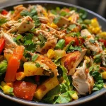 ['Close-up of a colorful Mexican chicken salad with diced vegetables, chicken, and creamy dressing.', 'Side view of a bowl filled with vibrant Mexican chicken salad, showcasing shredded lettuce and mixed ingredients.', 'Juicy Mexican chicken salad displaying potatoes, carrots, and corn, dressed with mayonnaise and crema.', 'Detailed view of Mexican chicken salad featuring diced chicken, peas, and jalapeños on a bed of lettuce.']