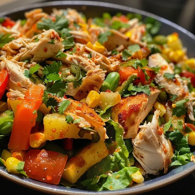 ['Close-up of a colorful Mexican chicken salad with diced vegetables, chicken, and creamy dressing.', 'Side view of a bowl filled with vibrant Mexican chicken salad, showcasing shredded lettuce and mixed ingredients.', 'Juicy Mexican chicken salad displaying potatoes, carrots, and corn, dressed with mayonnaise and crema.', 'Detailed view of Mexican chicken salad featuring diced chicken, peas, and jalapeños on a bed of lettuce.']