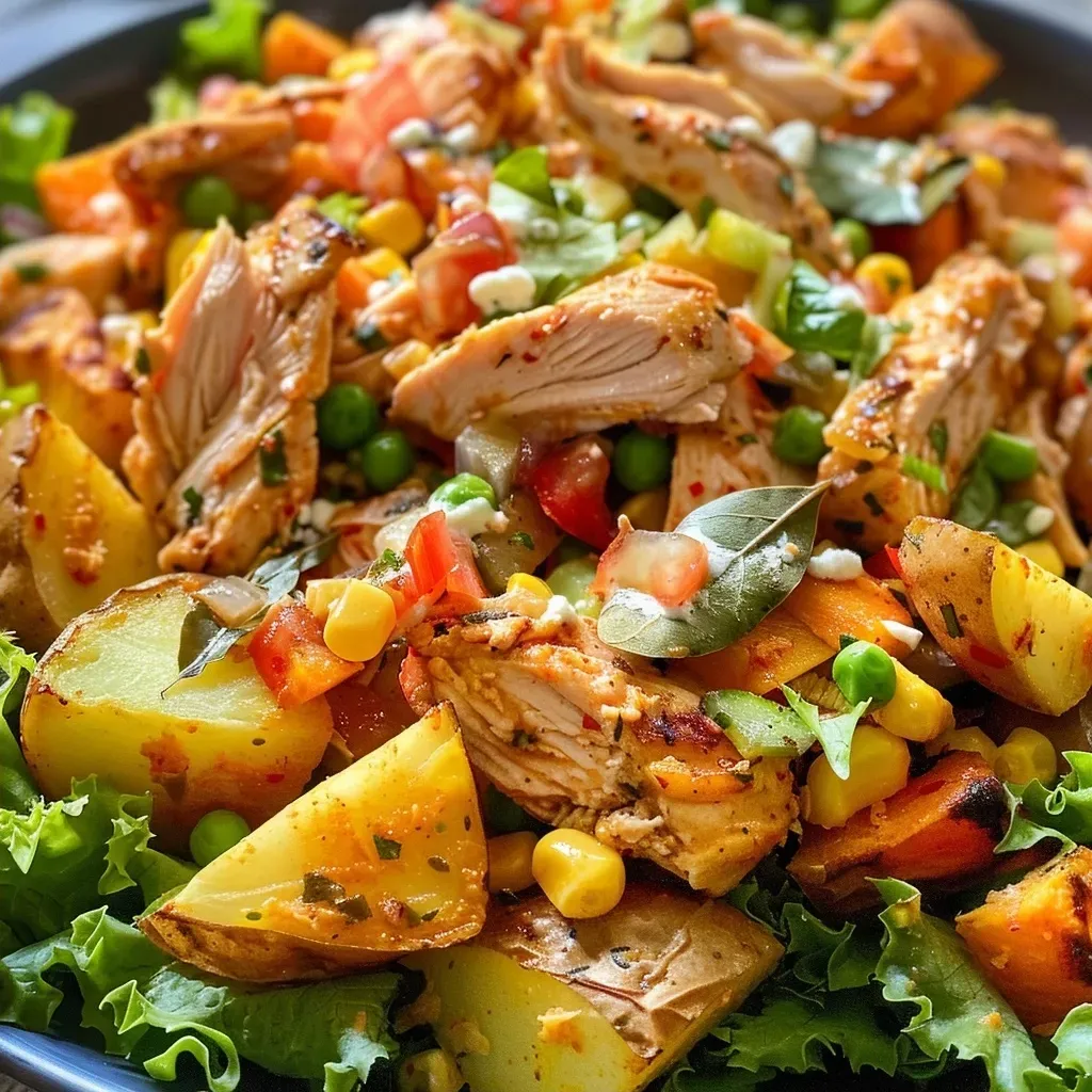 ['Close-up of a colorful Mexican chicken salad with diced vegetables, chicken, and creamy dressing.', 'Side view of a bowl filled with vibrant Mexican chicken salad, showcasing shredded lettuce and mixed ingredients.', 'Juicy Mexican chicken salad displaying potatoes, carrots, and corn, dressed with mayonnaise and crema.', 'Detailed view of Mexican chicken salad featuring diced chicken, peas, and jalapeños on a bed of lettuce.']