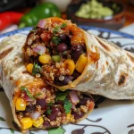 ['A close-up side view of a Mexican quinoa wrap filled with vibrant ingredients.', 'Juicy Mexican quinoa wraps showcasing colorful fillings and a fresh appearance.', 'A side view of a delicious Mexican quinoa wrap, highlighting its savory components.', 'An appetizing close-up of a quinoa wrap, packed with black beans and corn.']