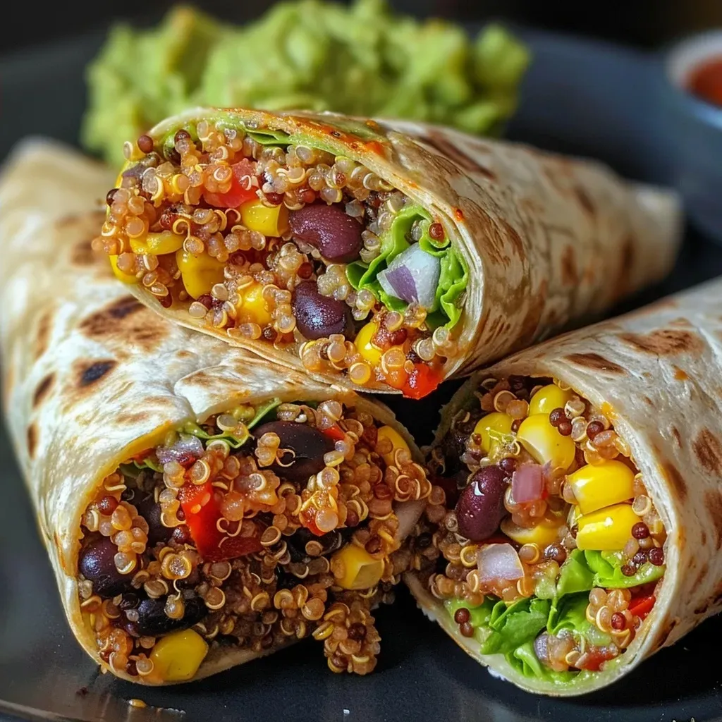 ['A close-up side view of a Mexican quinoa wrap filled with vibrant ingredients.', 'Juicy Mexican quinoa wraps showcasing colorful fillings and a fresh appearance.', 'A side view of a delicious Mexican quinoa wrap, highlighting its savory components.', 'An appetizing close-up of a quinoa wrap, packed with black beans and corn.']