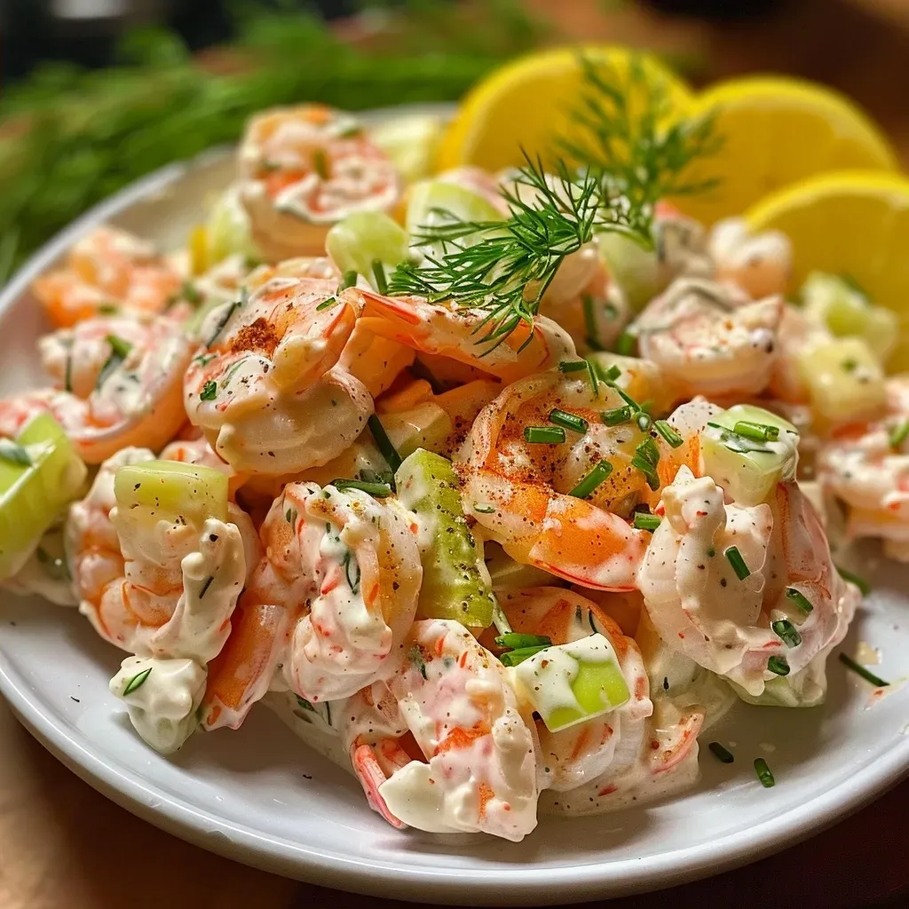 ['A close-up view of a vibrant shrimp salad with creamy dressing and fresh herbs.', 'A side perspective of a New York Deli shrimp salad showcasing large, juicy shrimp and colorful vegetables.', 'Detailed close-up of a shrimp salad featuring mayonnaise, celery, and garnished with dill and lemon wedges.', 'An appetizing shrimp salad presented with a creamy dressing and fresh herbs, perfect for a deli-style meal.']