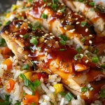 ['Juicy honey BBQ chicken served over vibrant rice and mixed vegetables in a close-up view.', 'A side perspective of One-Pan Honey BBQ Chicken Rice highlighting tender chicken and colorful veggies.', 'Detailed shot of a savory One-Pan Honey BBQ Chicken Rice dish with a glossy BBQ glaze.', 'Close-up of delicious honey BBQ chicken and rice, showcasing textures and colors in a skillet.']