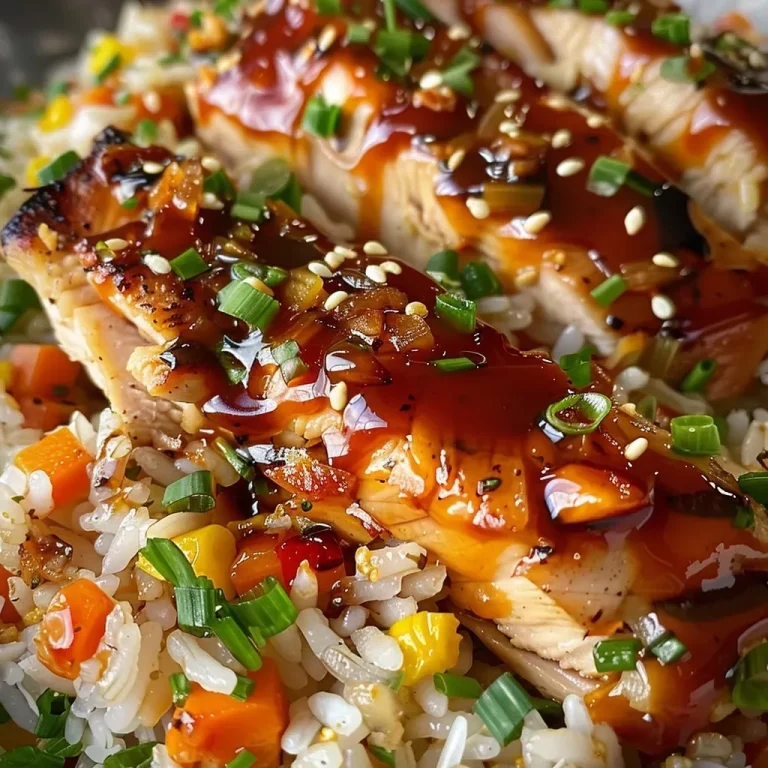 ['Juicy honey BBQ chicken served over vibrant rice and mixed vegetables in a close-up view.', 'A side perspective of One-Pan Honey BBQ Chicken Rice highlighting tender chicken and colorful veggies.', 'Detailed shot of a savory One-Pan Honey BBQ Chicken Rice dish with a glossy BBQ glaze.', 'Close-up of delicious honey BBQ chicken and rice, showcasing textures and colors in a skillet.']