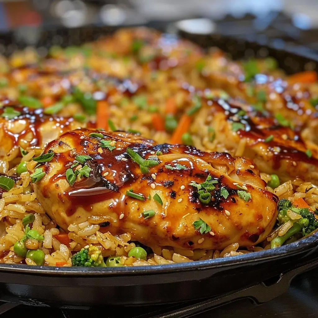['Juicy honey BBQ chicken served over vibrant rice and mixed vegetables in a close-up view.', 'A side perspective of One-Pan Honey BBQ Chicken Rice highlighting tender chicken and colorful veggies.', 'Detailed shot of a savory One-Pan Honey BBQ Chicken Rice dish with a glossy BBQ glaze.', 'Close-up of delicious honey BBQ chicken and rice, showcasing textures and colors in a skillet.']