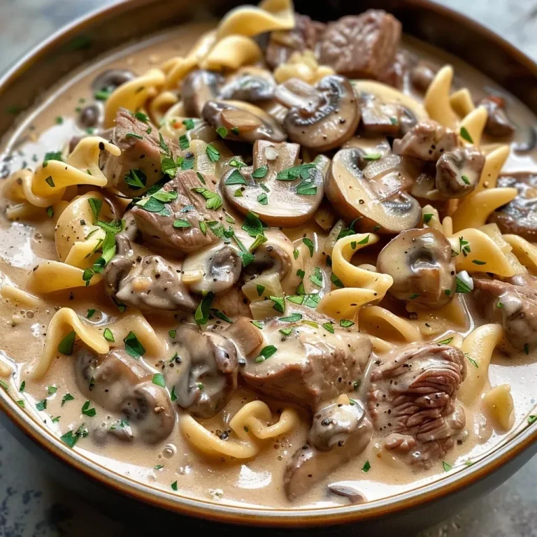 ['Close-up view of a bowl of One-Pot Beef Stroganoff Soup with slices of beef, mushrooms, and garnished with parsley.', 'A delicious serving of beef stroganoff soup featuring tender beef strips and mushrooms in a creamy broth.', 'Side view of hearty One-Pot Beef Stroganoff Soup showcasing egg noodles and fresh parsley on top.', 'Comforting bowl of soup filled with beef, mushrooms, and egg noodles, highlighted in a close-up shot.']