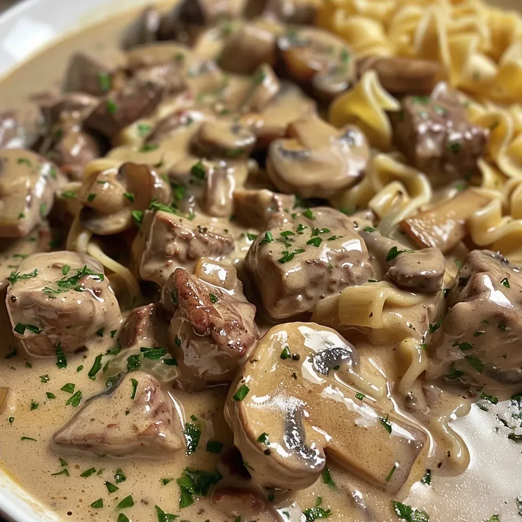 ['Close-up view of a bowl of One-Pot Beef Stroganoff Soup with slices of beef, mushrooms, and garnished with parsley.', 'A delicious serving of beef stroganoff soup featuring tender beef strips and mushrooms in a creamy broth.', 'Side view of hearty One-Pot Beef Stroganoff Soup showcasing egg noodles and fresh parsley on top.', 'Comforting bowl of soup filled with beef, mushrooms, and egg noodles, highlighted in a close-up shot.']