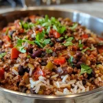 ['Close-up of a bowl filled with smoky honey chili beef rice, showcasing ground beef, rice, beans, and diced tomatoes.', 'A side view image of a delicious one-skillet meal featuring colorful ingredients like beef and rice in a rustic bowl.', 'Juicy beef chili rice dish presented in a skillet, garnished with spices and vibrant beans and tomatoes.', 'Close-up of a savory one-skillet meal with ground beef, rice, black beans, and a drizzle of honey, captured beautifully.']