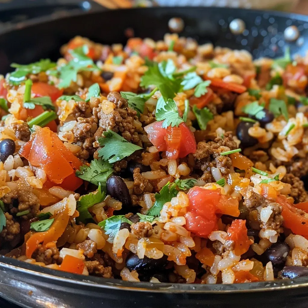 ['Close-up of a bowl filled with smoky honey chili beef rice, showcasing ground beef, rice, beans, and diced tomatoes.', 'A side view image of a delicious one-skillet meal featuring colorful ingredients like beef and rice in a rustic bowl.', 'Juicy beef chili rice dish presented in a skillet, garnished with spices and vibrant beans and tomatoes.', 'Close-up of a savory one-skillet meal with ground beef, rice, black beans, and a drizzle of honey, captured beautifully.']