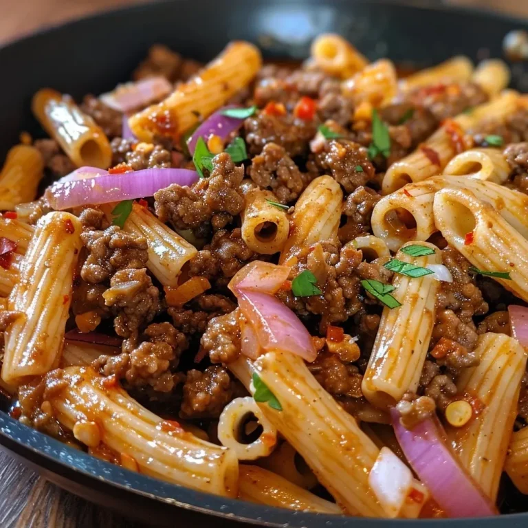 ['Close-up view of One Skillet Zesty Honey Chili Beef Pasta with vibrant colors and a rich sauce.', 'Juicy ground beef mixed with pasta, honey, and spices in a skillet, showcasing textures and freshness.', 'A flavorful One Skillet Zesty Honey Chili Beef Pasta dish with glistening honey glaze and colorful ingredients.', "Side view of pasta with ground beef, honey, and herbs, emphasizing the recipe's delicious appeal."]