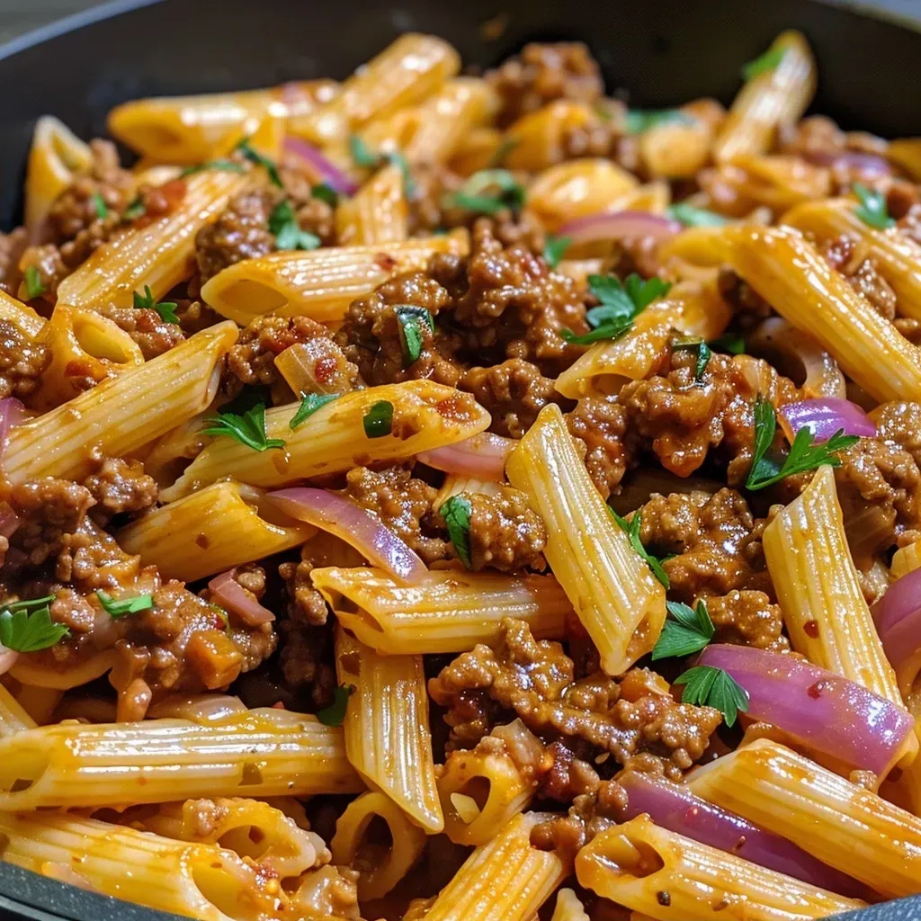 ['Close-up view of One Skillet Zesty Honey Chili Beef Pasta with vibrant colors and a rich sauce.', 'Juicy ground beef mixed with pasta, honey, and spices in a skillet, showcasing textures and freshness.', 'A flavorful One Skillet Zesty Honey Chili Beef Pasta dish with glistening honey glaze and colorful ingredients.', 