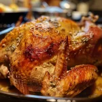 ['Juicy oven roasted turkey breast with a golden-brown exterior and garnished with herbs.', 'Close-up view of succulent turkey breast showing crispy skin and tender meat.', 'Side view of a perfectly roasted turkey breast, highlighting its juicy texture and seasonings.', 'Deliciously browned turkey breast, showcasing a glossy glaze and aroma of citrus.']