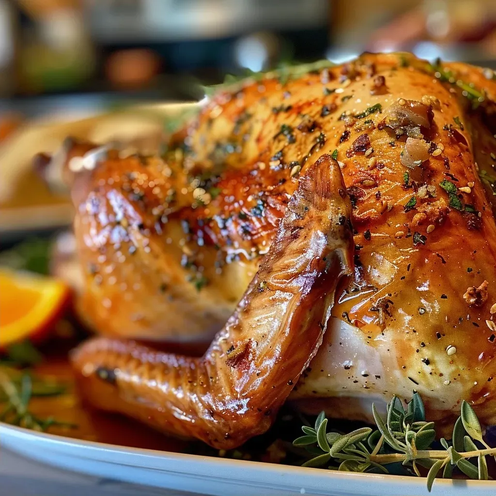 ['Juicy oven roasted turkey breast with a golden-brown exterior and garnished with herbs.', 'Close-up view of succulent turkey breast showing crispy skin and tender meat.', 'Side view of a perfectly roasted turkey breast, highlighting its juicy texture and seasonings.', 'Deliciously browned turkey breast, showcasing a glossy glaze and aroma of citrus.']