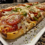 ['Close-up side view of a juicy pizza sub filled with cheese and toppings.', 'Detailed view of a pizza sub showcasing melted cheese, pepperoni, and green peppers.', 'Side angle of a gourmet pizza sub, rich in toppings and fresh ingredients.', 'Close-up image of a loaded pizza sub with vibrant colors and textures.']
