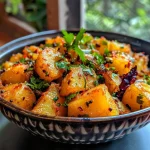 ['Close-up view of crispy golden potato fries garnished with spices.', 'Side view of deliciously seasoned potato fries on a plate, highlighting the texture.', 'Delectable potato fry showcasing a blend of spices and cooking oil glistening.', 'Juicy potato cubes fried to perfection, with spices and herbs visible.']