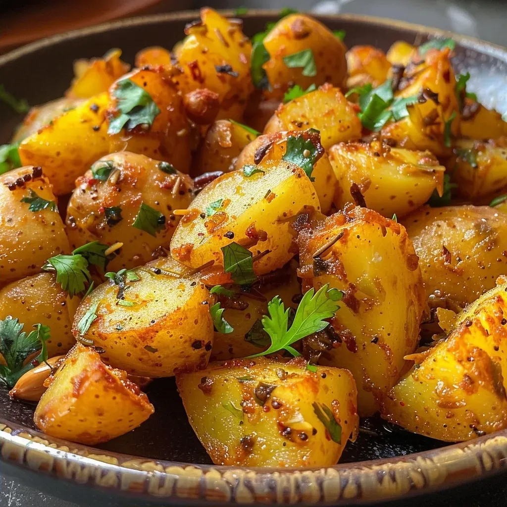 ['Close-up view of crispy golden potato fries garnished with spices.', 'Side view of deliciously seasoned potato fries on a plate, highlighting the texture.', 'Delectable potato fry showcasing a blend of spices and cooking oil glistening.', 'Juicy potato cubes fried to perfection, with spices and herbs visible.']