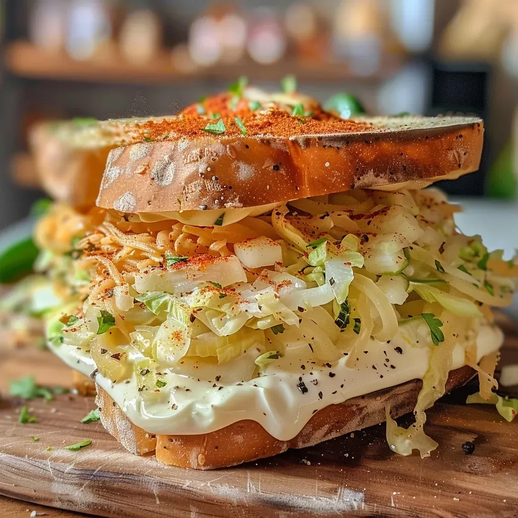 ['Close-up view of a Potato Mayonnaise Sandwich showcasing the vibrant ingredients inside.', 'Side profile shot of a lush Potato Mayonnaise Sandwich, revealing its creamy filling.', 'Detailed image of a Potato Mayonnaise Sandwich with layers of shredded cabbage and colorful capsicum.', 'Juicy Potato Mayonnaise Sandwich on a plate, featuring fresh ingredients and rustic bread.']