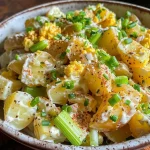 ['Close-up of a creamy potato salad with chunks of potatoes and vegetables.', 'Side view of a vibrant potato salad featuring green onions and paprika.', 'Delicious potato salad in a bowl, showcasing hard-boiled eggs and chopped celery.', 'A colorful serving of potato salad highlighting its creamy texture and fresh ingredients.']