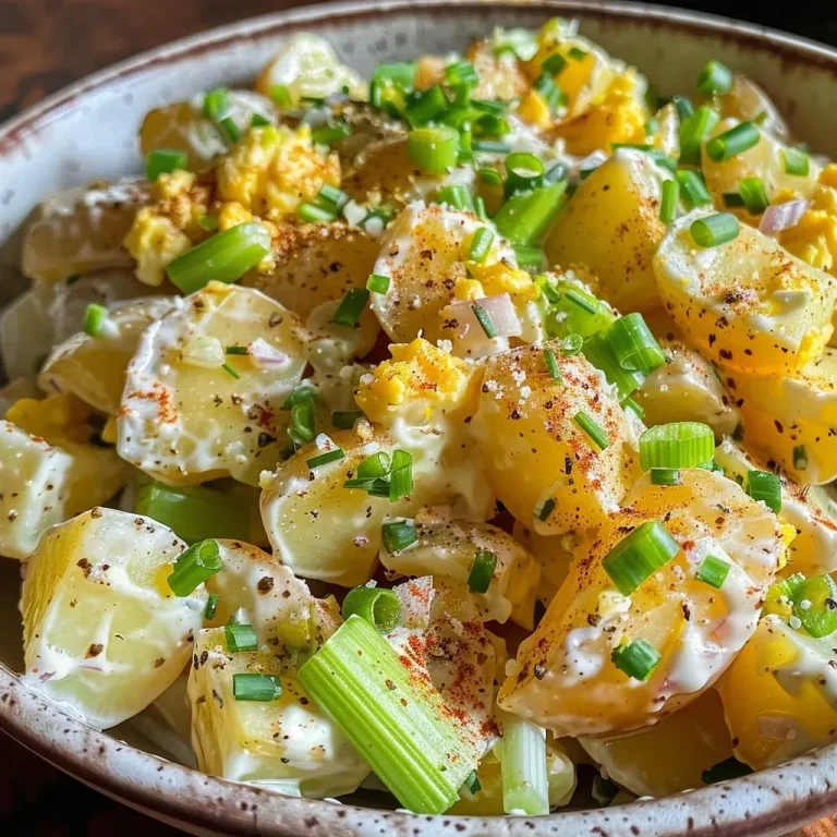 ['Close-up of a creamy potato salad with chunks of potatoes and vegetables.', 'Side view of a vibrant potato salad featuring green onions and paprika.', 'Delicious potato salad in a bowl, showcasing hard-boiled eggs and chopped celery.', 'A colorful serving of potato salad highlighting its creamy texture and fresh ingredients.']