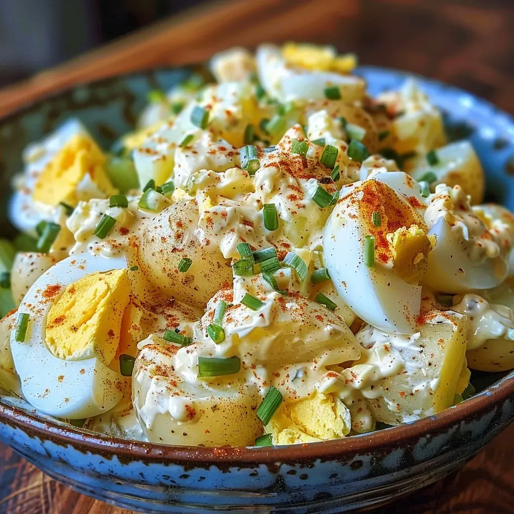 ['Close-up of a creamy potato salad with chunks of potatoes and vegetables.', 'Side view of a vibrant potato salad featuring green onions and paprika.', 'Delicious potato salad in a bowl, showcasing hard-boiled eggs and chopped celery.', 'A colorful serving of potato salad highlighting its creamy texture and fresh ingredients.']