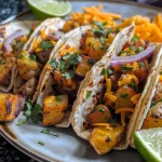 ['Close-up view of crispy potato tacos filled with cheese and garnished with diced onions and cilantro.', 'Side view of delicious potato tacos showcasing their golden-brown texture and fresh toppings.', 'Juicy potato tacos with vibrant toppings on a plate, highlighting the contrast of colors and textures.', 'Tasty potato tacos presented with lime wedges and garnished with cilantro and red onions.']