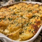 ['Close-up of creamy Potatoes Au Gratin with a golden cheese crust.', 'Side view of a dish of Potatoes Au Gratin, showcasing layers of potatoes and melted cheese.', 'Juicy Potatoes Au Gratin served in a baking dish, highlighting its creamy texture.', 'Detailed view of Potatoes Au Gratin, featuring a crispy topping and creamy layers.']