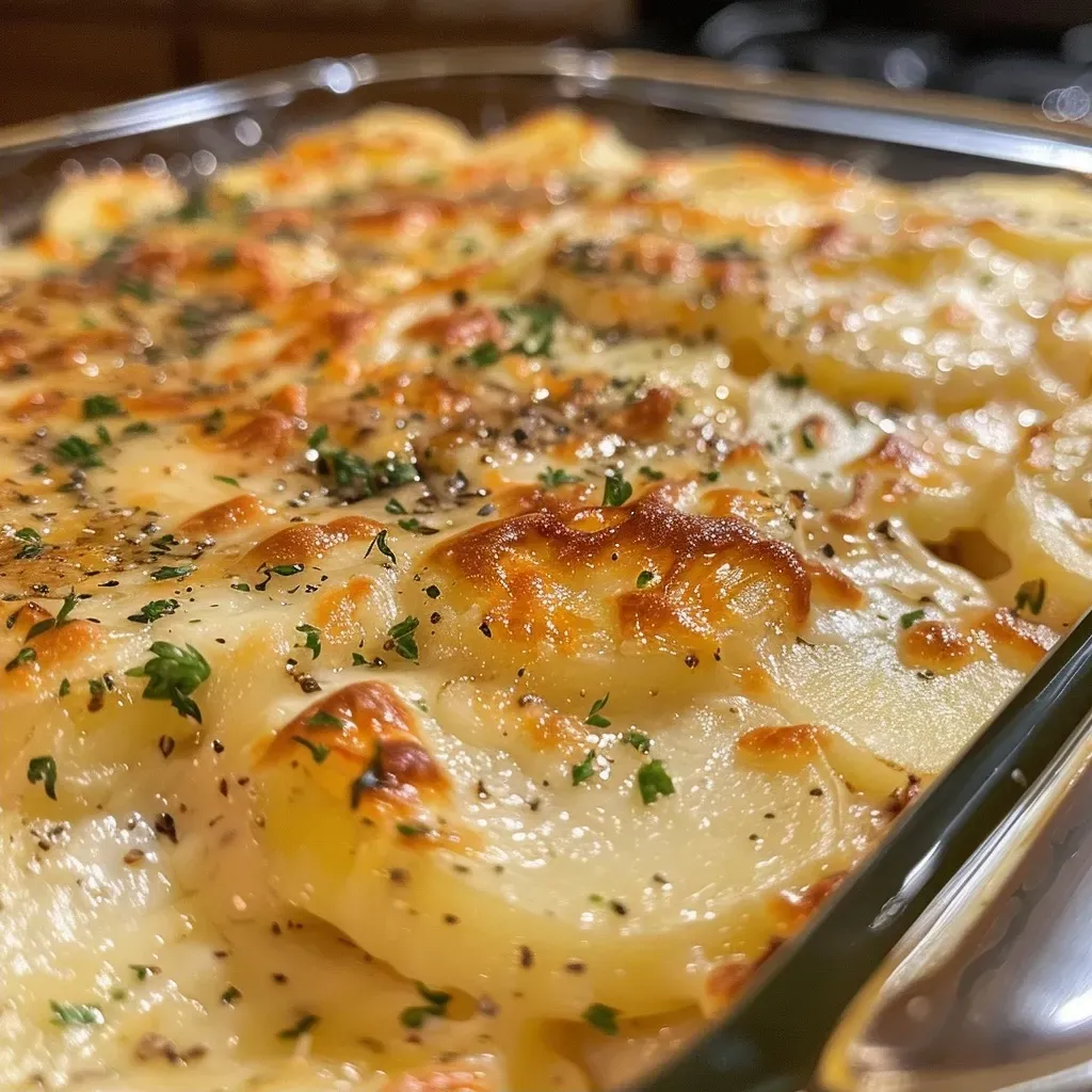 ['Close-up of creamy Potatoes Au Gratin with a golden cheese crust.', 'Side view of a dish of Potatoes Au Gratin, showcasing layers of potatoes and melted cheese.', 'Juicy Potatoes Au Gratin served in a baking dish, highlighting its creamy texture.', 'Detailed view of Potatoes Au Gratin, featuring a crispy topping and creamy layers.']