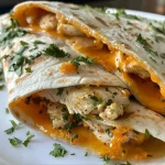 ['Close-up of a cheesy chicken wrap with visible melted cheese and diced chicken.', 'Side view of a juicy chicken wrap, showcasing layers of cheese and tortillas.', 'Freshly made chicken wrap with golden-brown tortillas and creamy garlic sauce.', 'Delicious chicken wrap filled with cheese and topped with parsley, served on a plate.']