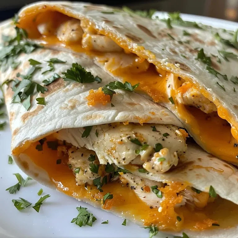 ['Close-up of a cheesy chicken wrap with visible melted cheese and diced chicken.', 'Side view of a juicy chicken wrap, showcasing layers of cheese and tortillas.', 'Freshly made chicken wrap with golden-brown tortillas and creamy garlic sauce.', 'Delicious chicken wrap filled with cheese and topped with parsley, served on a plate.']