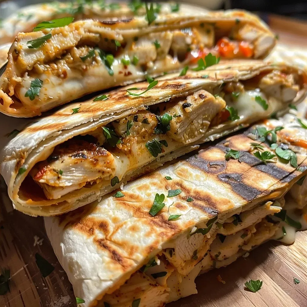 ['Close-up of a cheesy chicken wrap with visible melted cheese and diced chicken.', 'Side view of a juicy chicken wrap, showcasing layers of cheese and tortillas.', 'Freshly made chicken wrap with golden-brown tortillas and creamy garlic sauce.', 'Delicious chicken wrap filled with cheese and topped with parsley, served on a plate.']