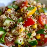 ['A vibrant quinoa salad with fresh vegetables, viewed from the side.', 'Close-up of a colorful quinoa salad featuring cucumbers, tomatoes, and olives.', 'A side view of a healthy quinoa salad, showcasing chopped vegetables and herbs.', 'Juicy quinoa salad layered with ingredients, seen from a close-up angle.']